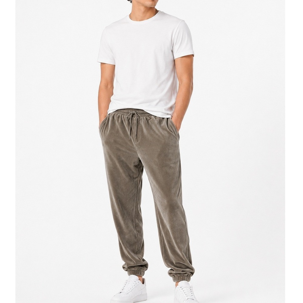 Forever 21 Men Velour Jogger Pants Size L Taupe Drawstring Lounge Casual